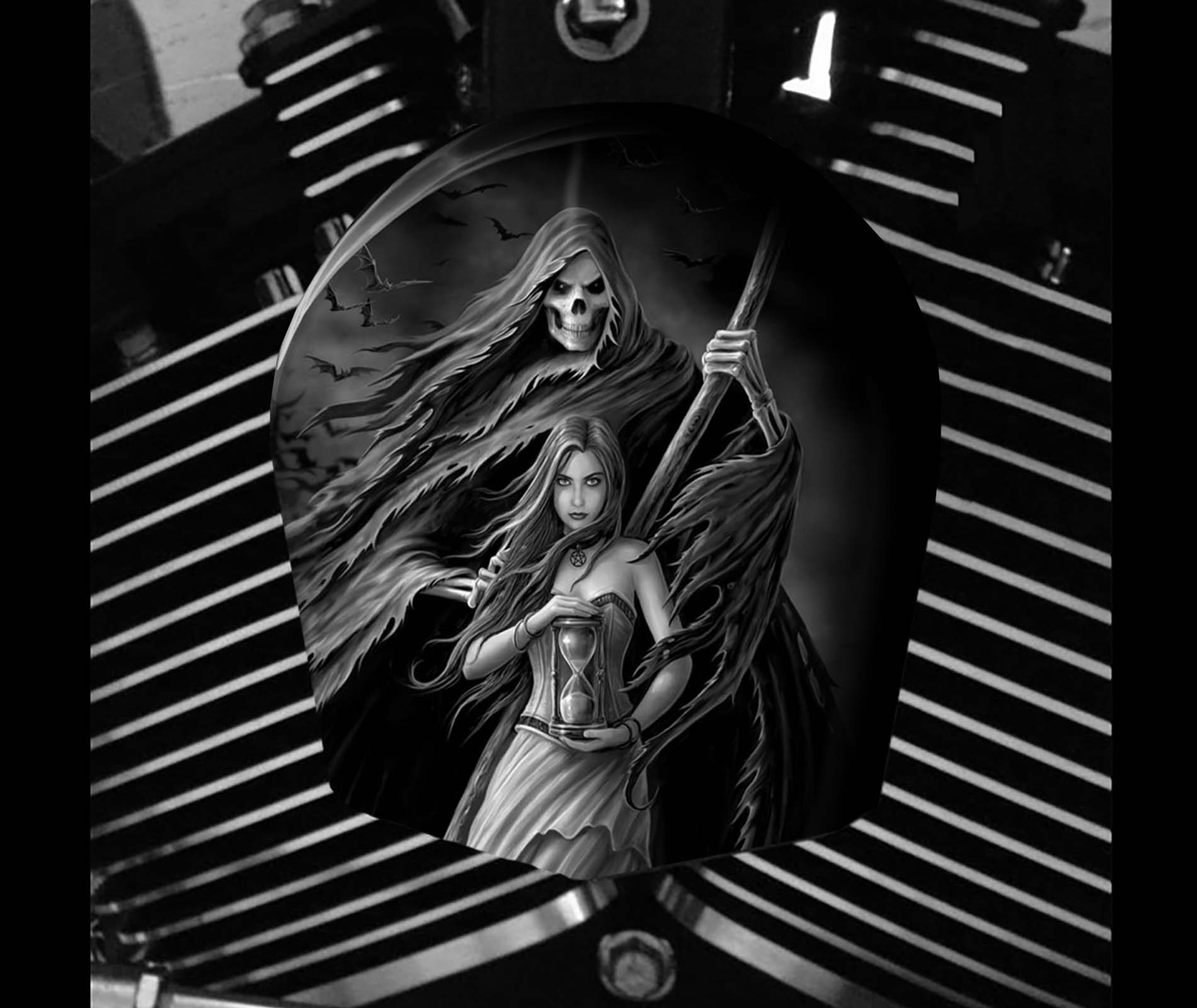Custom Horn Cover - Reaper And Girl With Hourglass (BW)